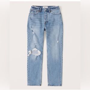 Abercrombie “The Boyfriend” mid-rose jeans with distressing over right knee